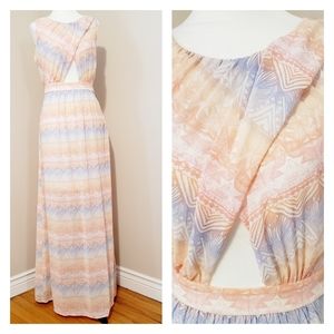 CUT-OUT PASTEL AZTEC CHIFFON LINED MAXI DRESS